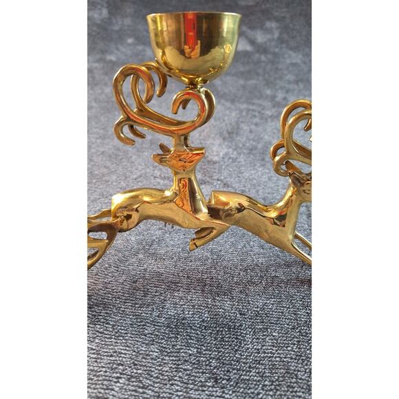 Brass Jumping Reindeer Triple Tealight/Votive Candle Holder Christmas Holiday - Picture 7 of 15